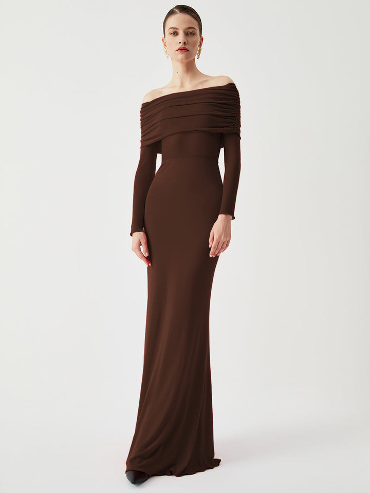Yüksek Bel Off-Shoulder Dantel Uzun Elbise