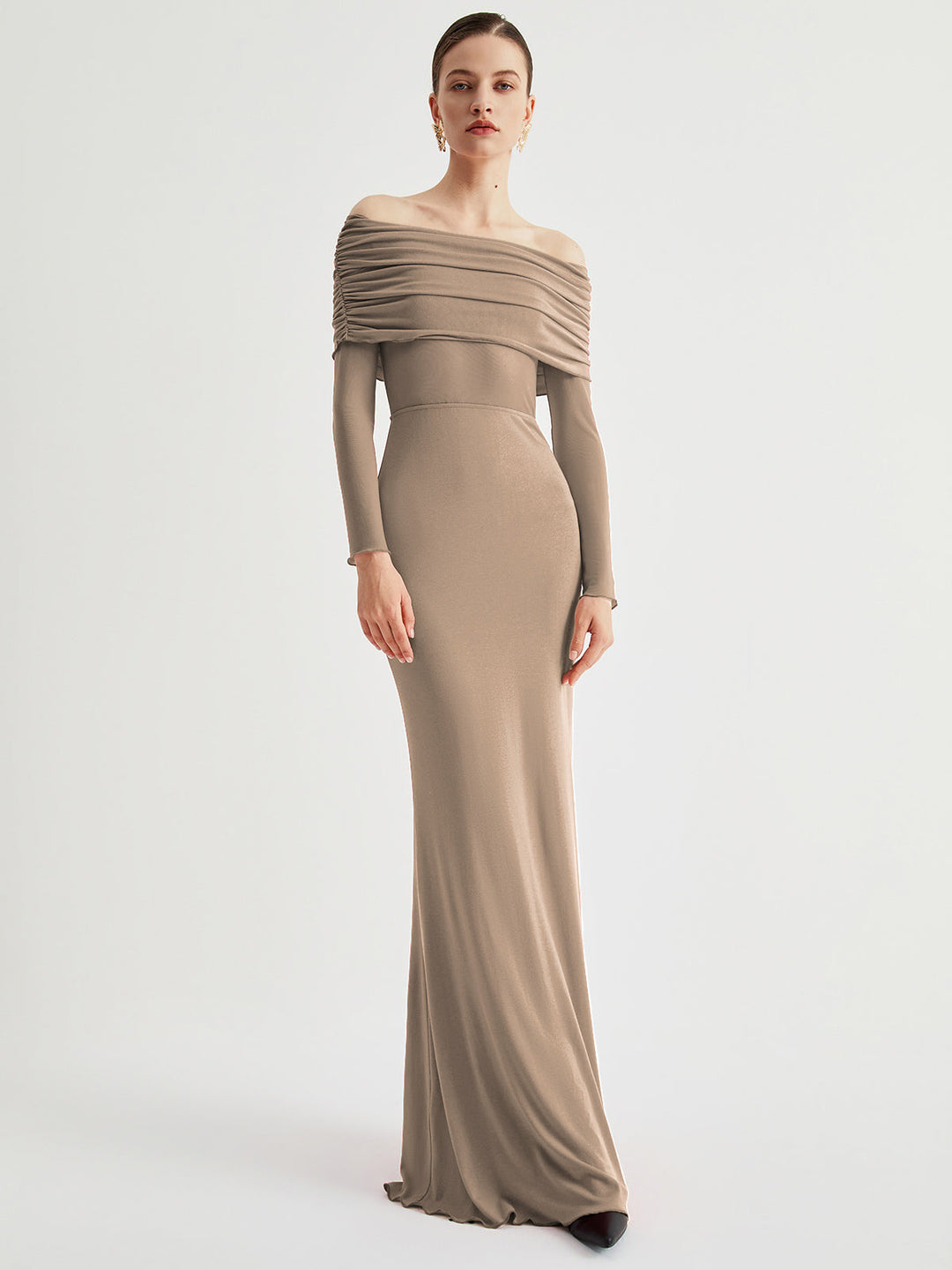 Yüksek Bel Off-Shoulder Dantel Uzun Elbise
