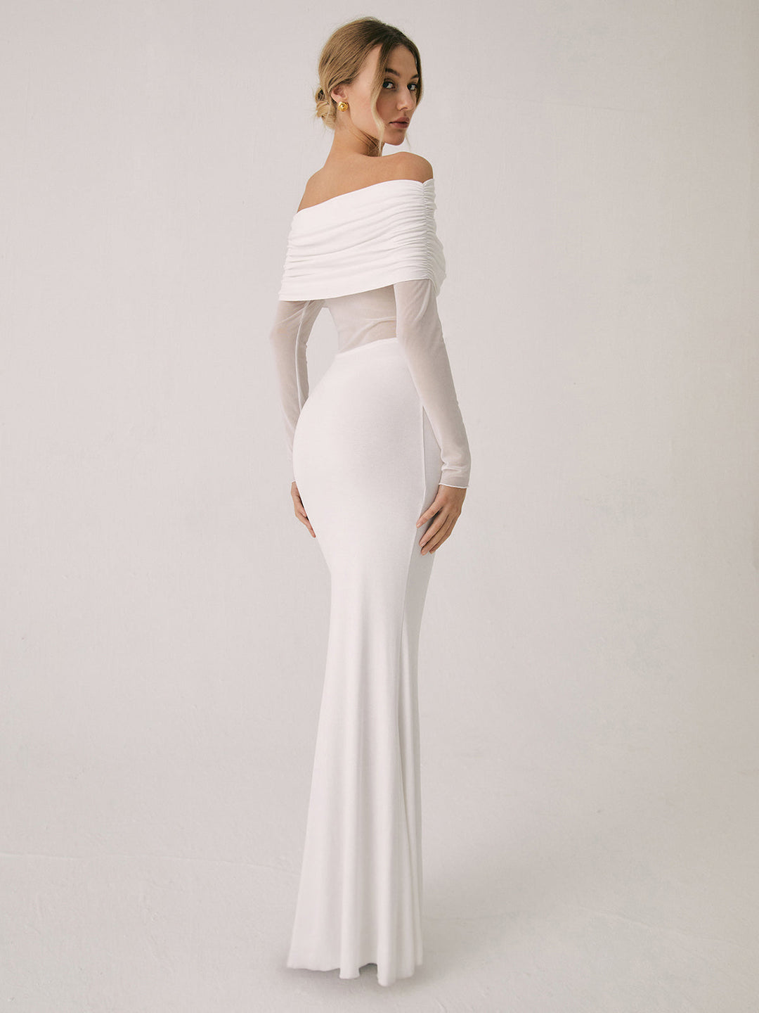 Yüksek Bel Off-Shoulder Dantel Uzun Elbise
