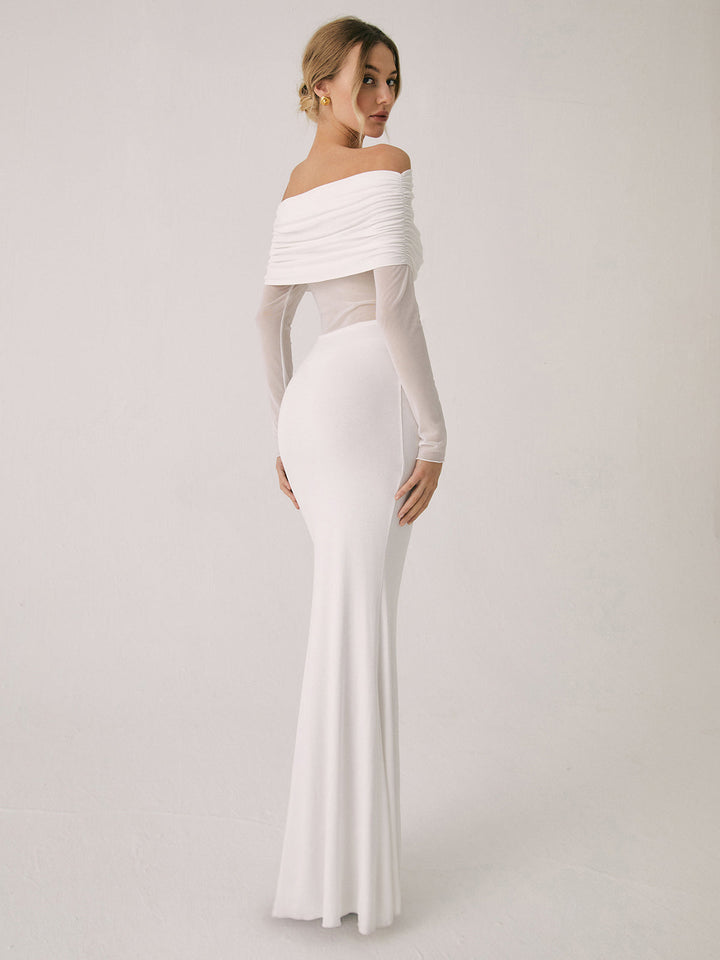 Yüksek Bel Off-Shoulder Dantel Uzun Elbise