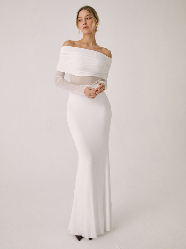 Yüksek Bel Off-Shoulder Dantel Uzun Elbise