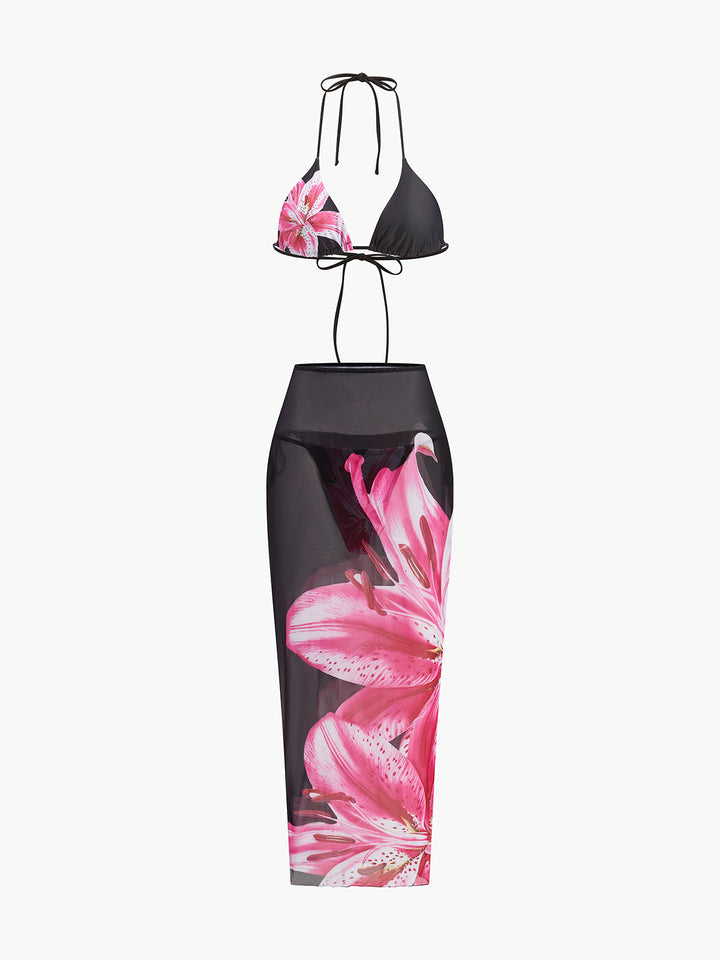 Çiçek Desenli Bikini ve Etek Takımı