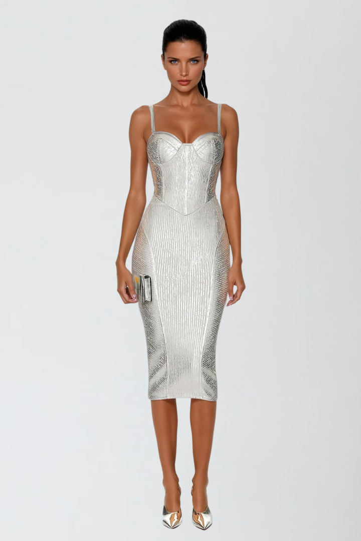 Metalik Bandaj Midi Elbise