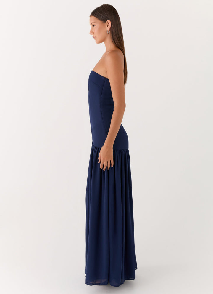 Lacivert Straplez Maxi Elbise
