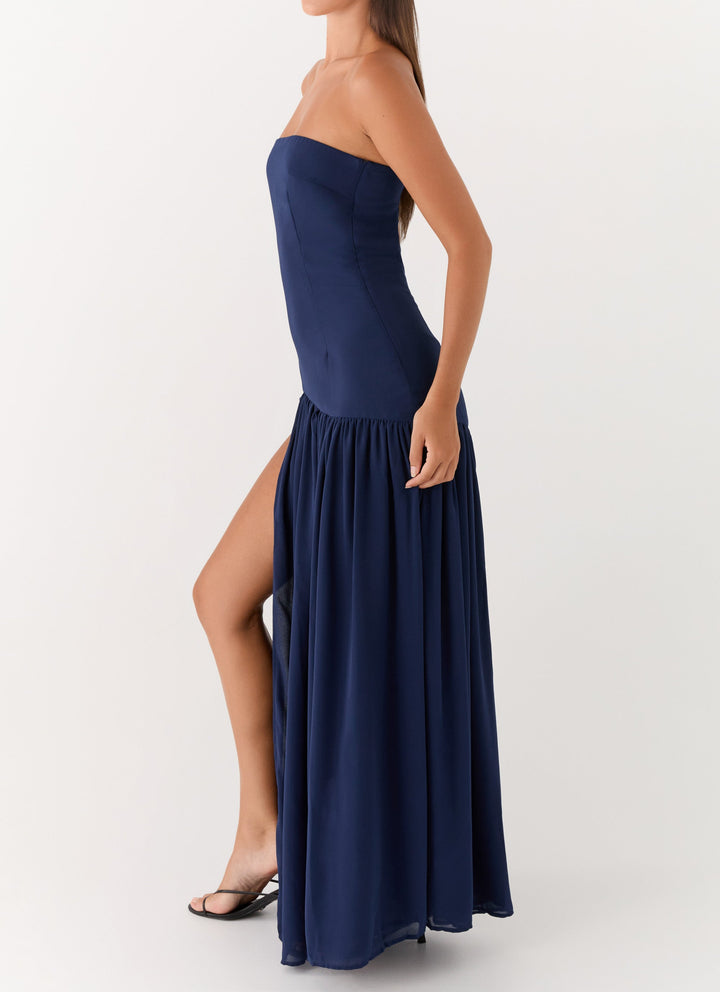 Lacivert Straplez Maxi Elbise