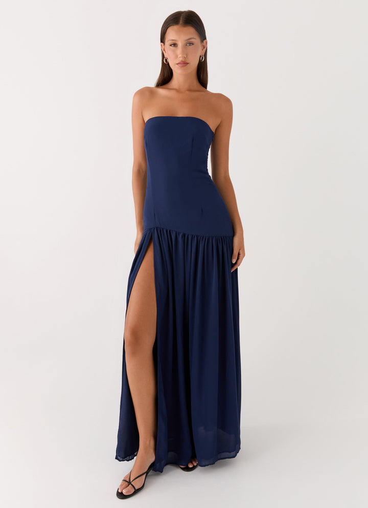Lacivert Straplez Maxi Elbise