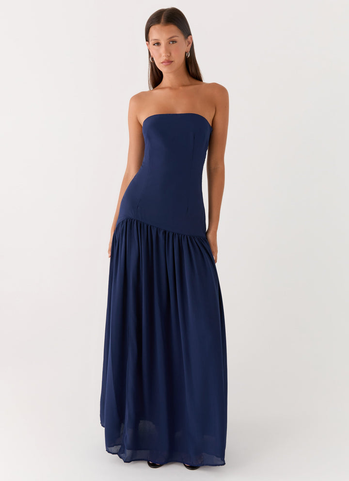 Lacivert Straplez Maxi Elbise