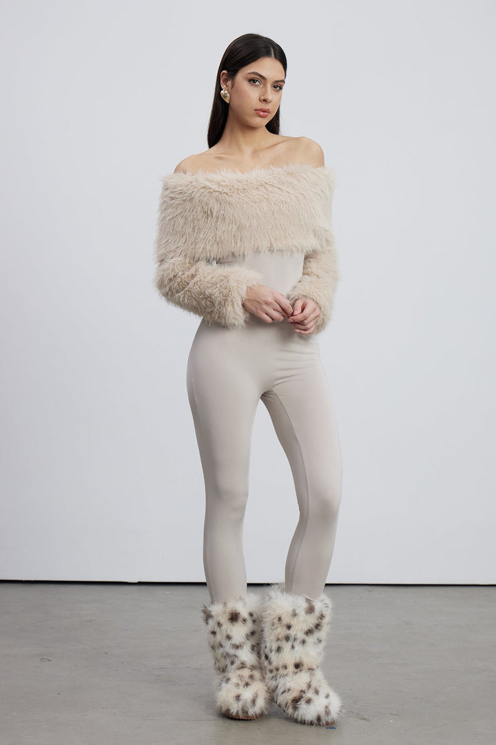 Yüksek Bel Sahte Kürk Bodycon Tulum