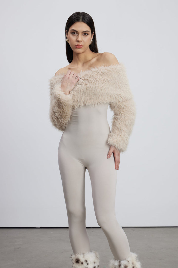 Yüksek Bel Sahte Kürk Bodycon Tulum