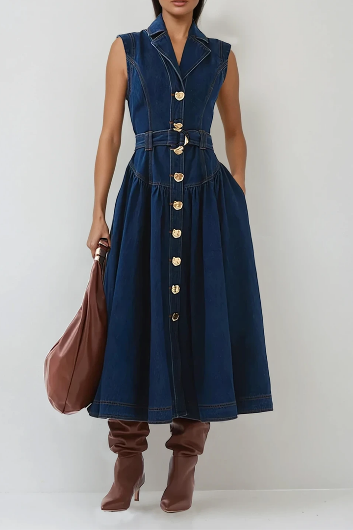 Kolsuz Mavi Denim Midi Elbise