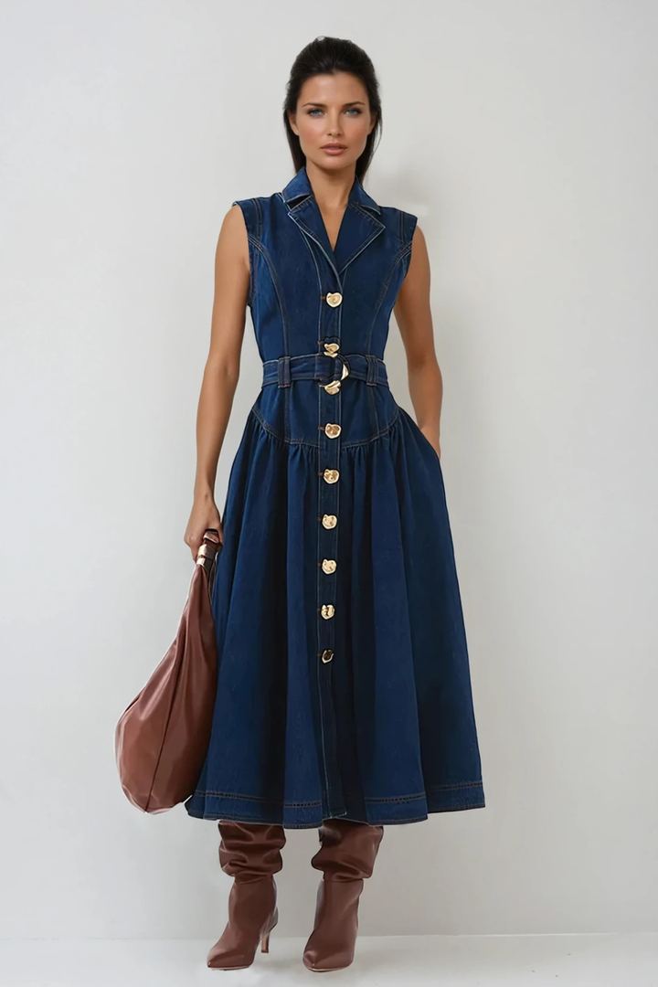 Kolsuz Mavi Denim Midi Elbise