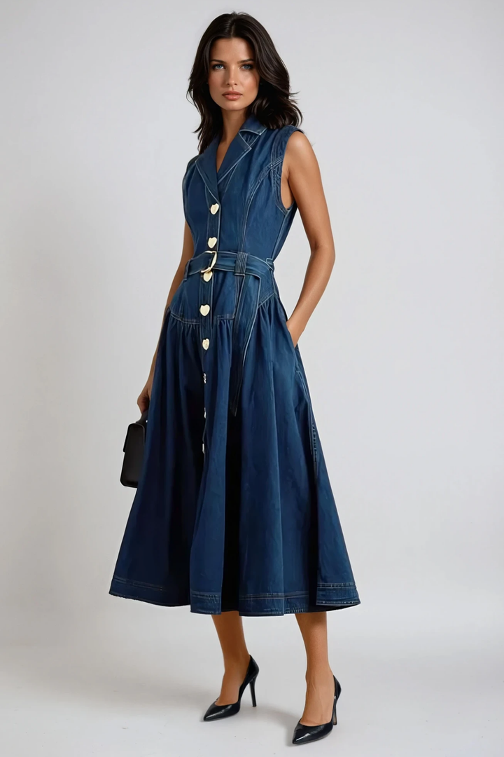 Kolsuz Mavi Denim Midi Elbise
