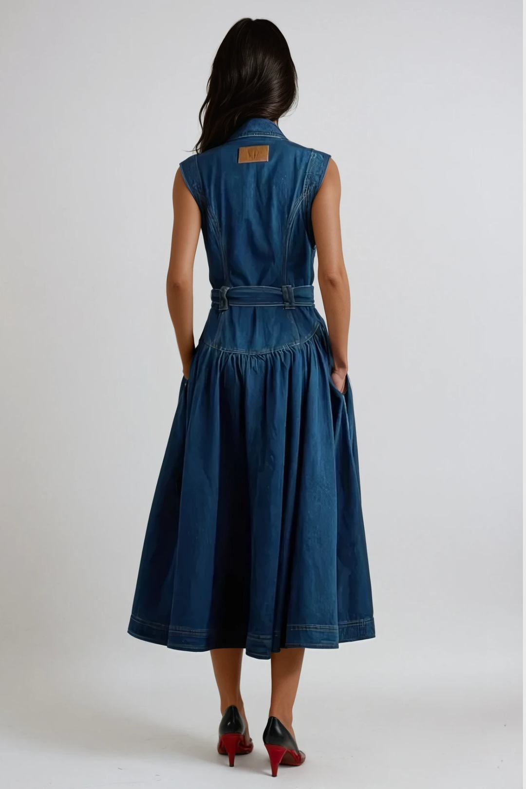 Kolsuz Mavi Denim Midi Elbise
