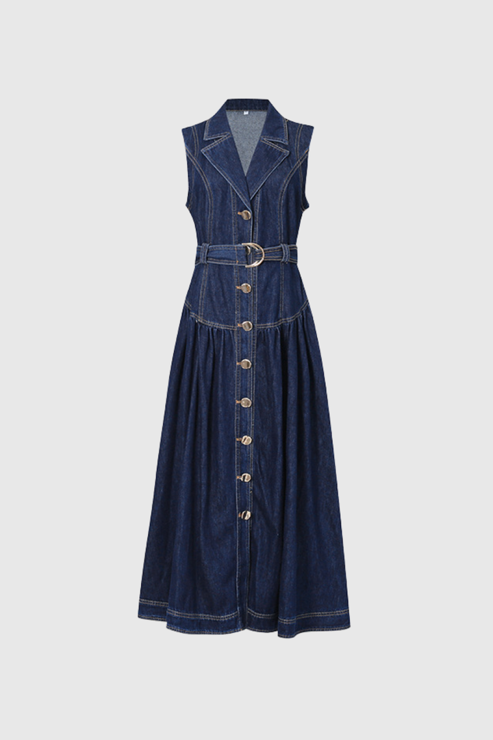 Kolsuz Mavi Denim Midi Elbise