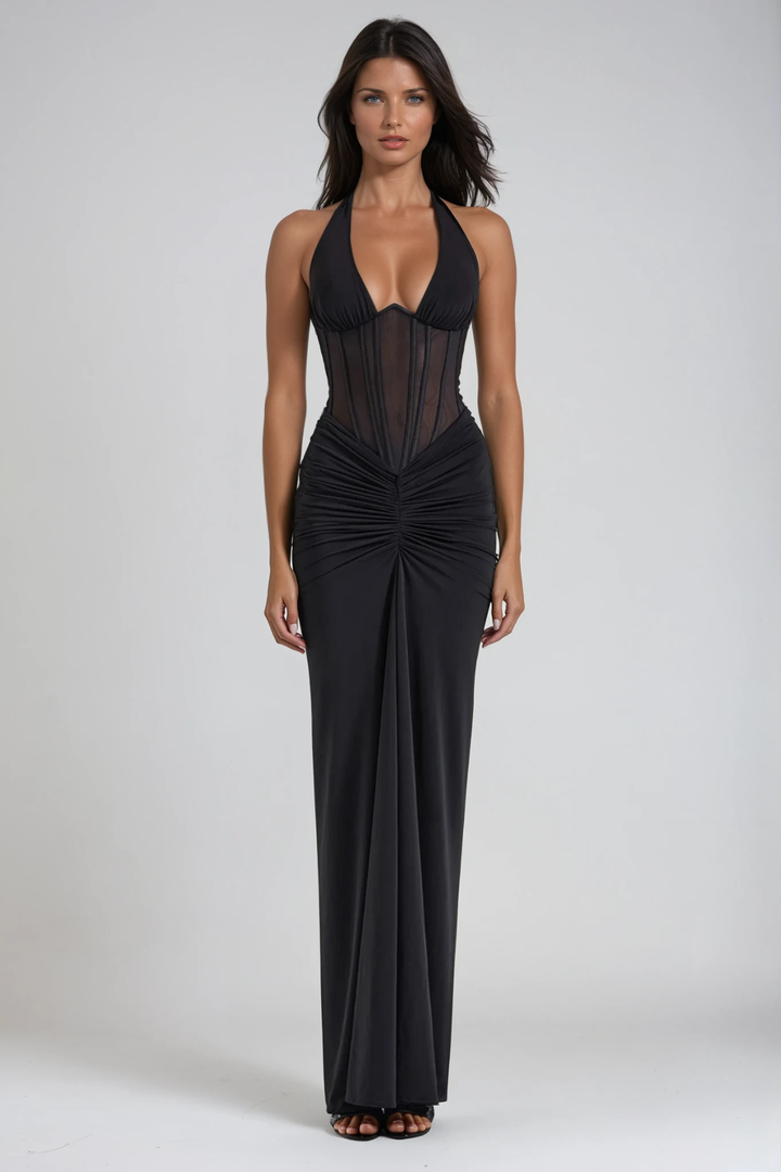 Şık Siyah Halter Yaka Maxi Elbise