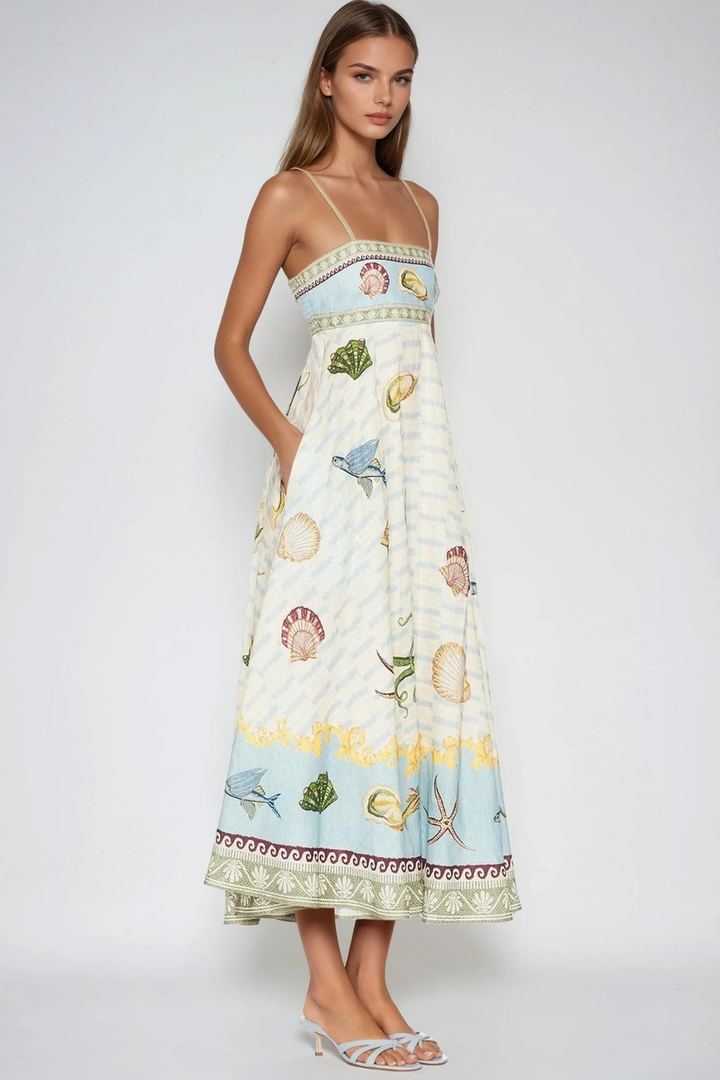 Spagetti Desenli Modern Maxi Elbise