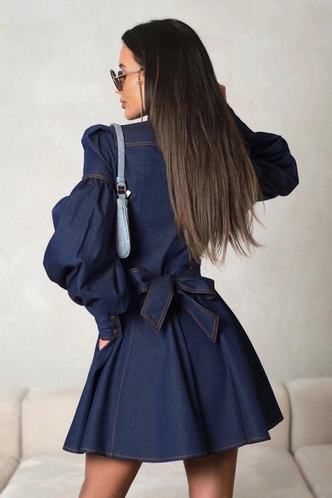 Yüksek Bel Puf Kol Denim Mini Elbise
