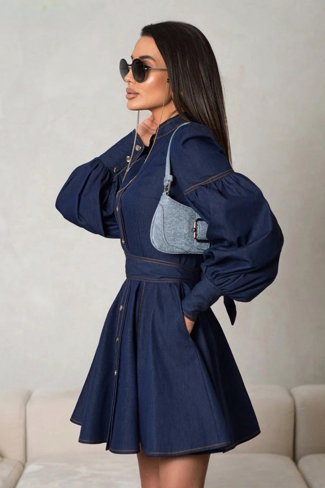 Yüksek Bel Puf Kol Denim Mini Elbise