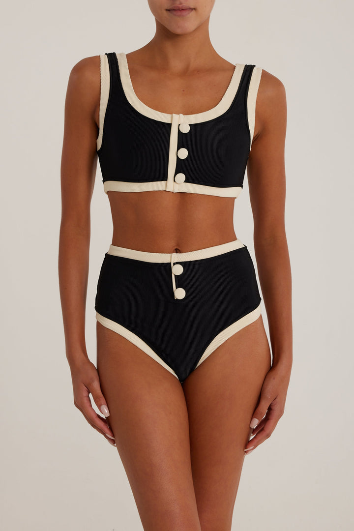 Grace Yüksek Bel Bikini - Kırışık Siyah/Krem