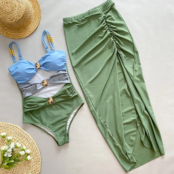 Renk Bloklu Modern Tek Parça Bikini ve Etek Seti