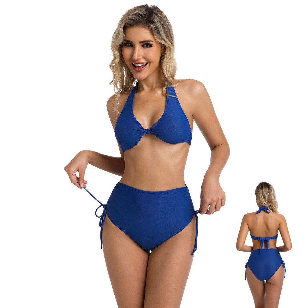 Yüksek Bel Mavi İki Parça Kadın Bikini Seti