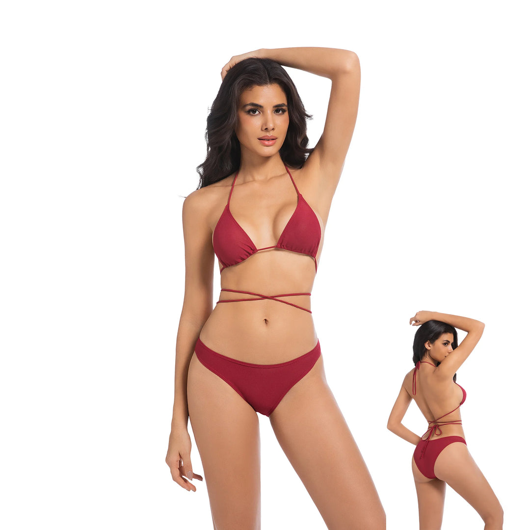 Çevre Dostu Kırmızı İki Parça Yüksek Bel Bikini