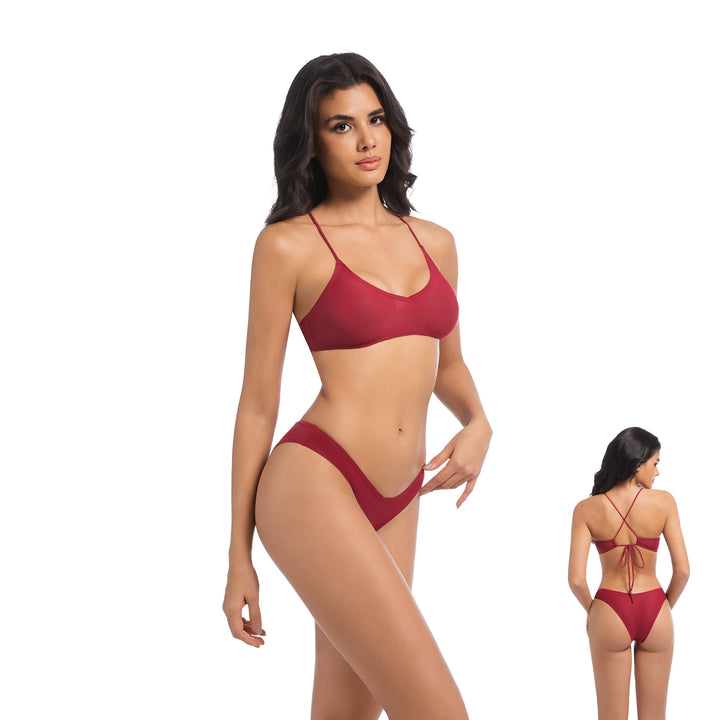 Kırmızı İki Parça Yüksek Bel Bikini