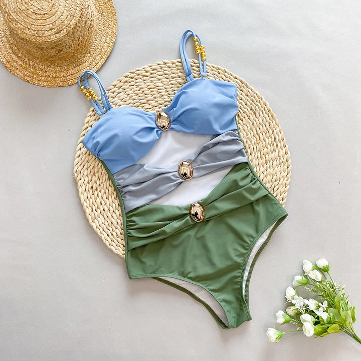 Renk Bloklu Modern Tek Parça Bikini ve Etek Seti