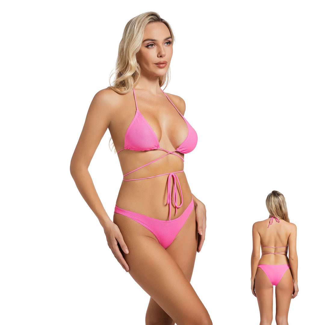 Yüksek Bel Pembe İki Parça Kadın Bikini