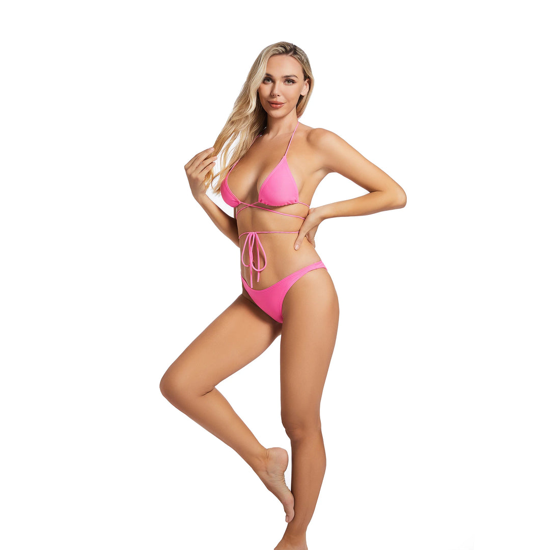 Yüksek Bel Pembe İki Parça Kadın Bikini