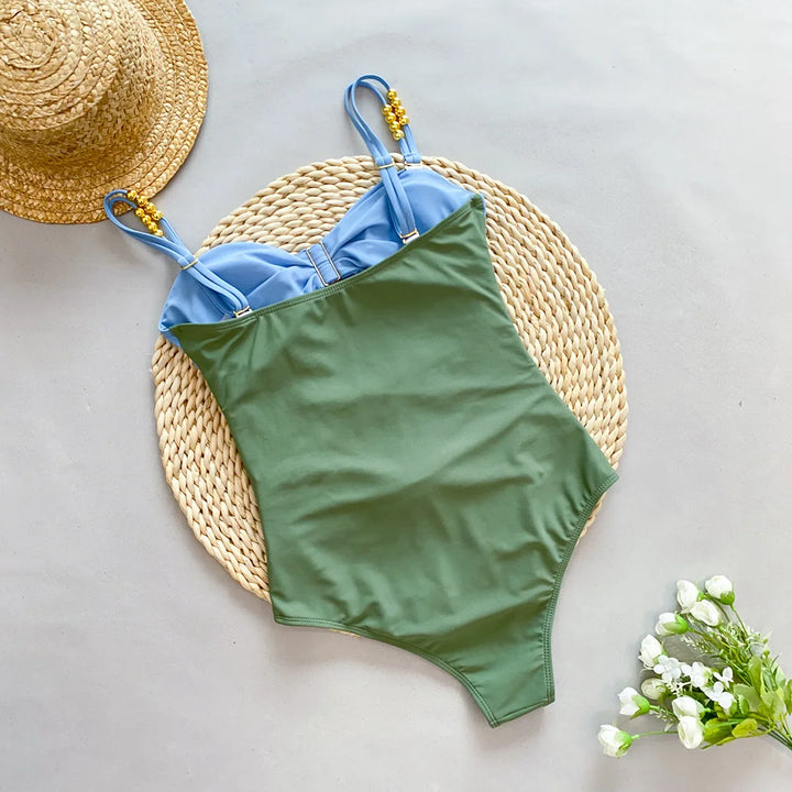 Renk Bloklu Modern Tek Parça Bikini ve Etek Seti