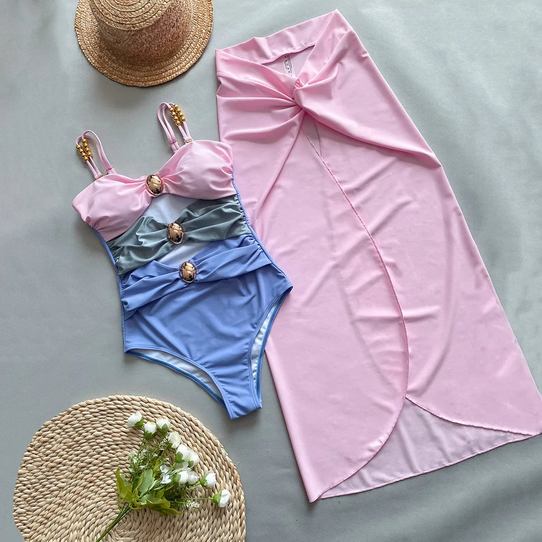 Renk Bloklu Tek Parça Bikini ve Etek Takımı