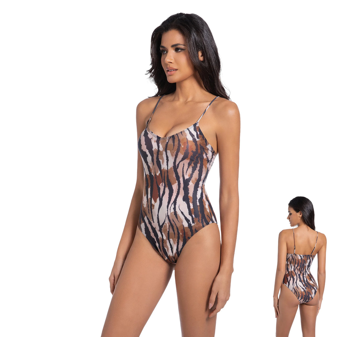 Yüksek Bel Zebra Desenli Tek Parça Kadın Mayo