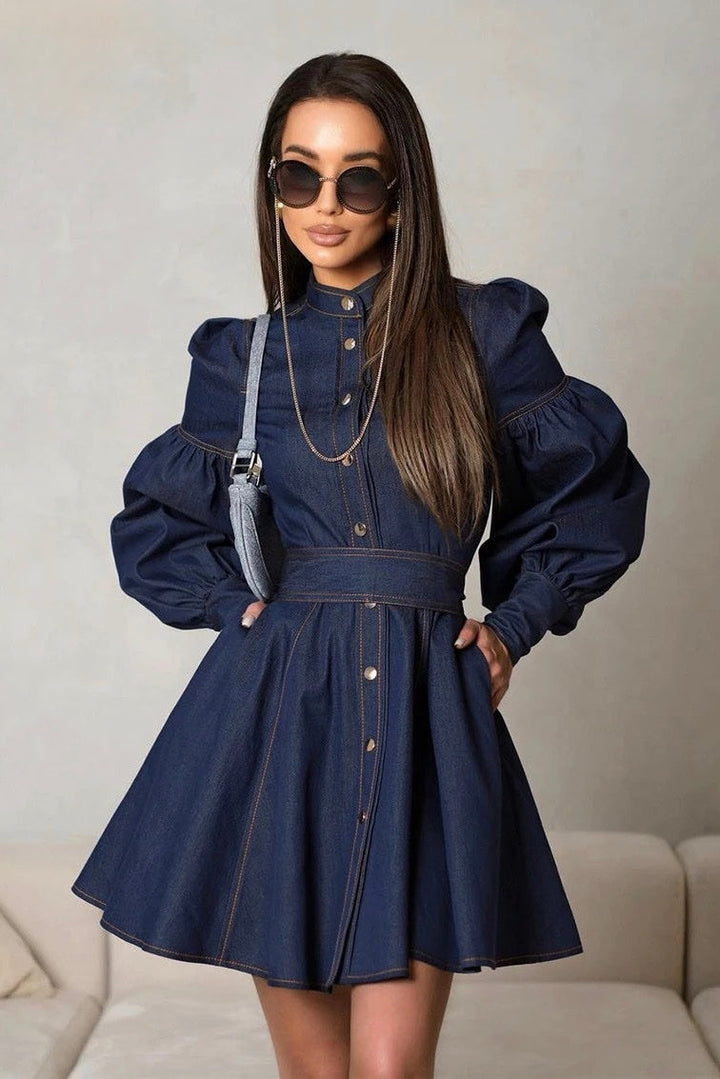 Yüksek Bel Puf Kol Denim Mini Elbise