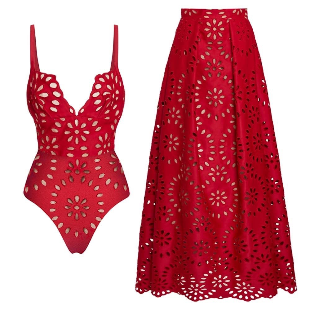 Yüksek Bel Kırmızı Monokini ve Etek Seti