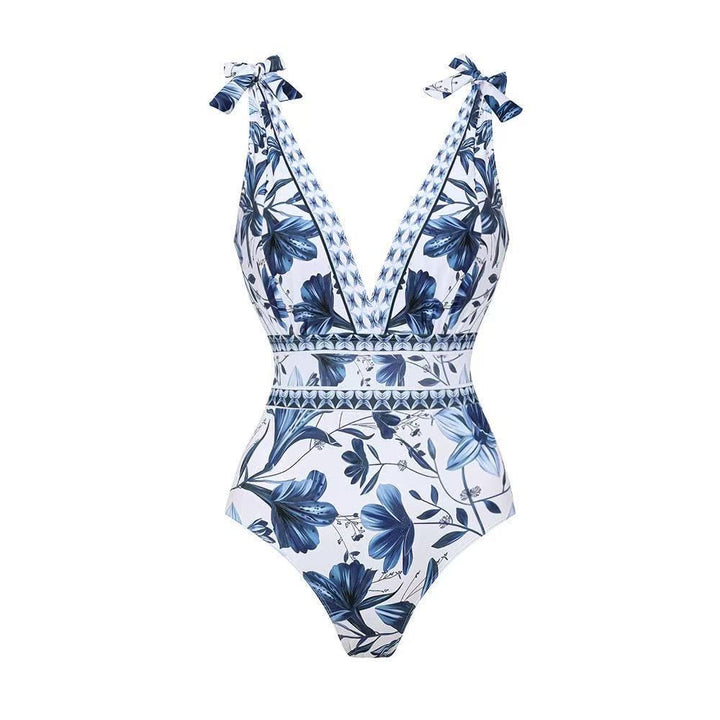 Hawai Mavi Çiçekli Yüksek Bel Monokini Seti