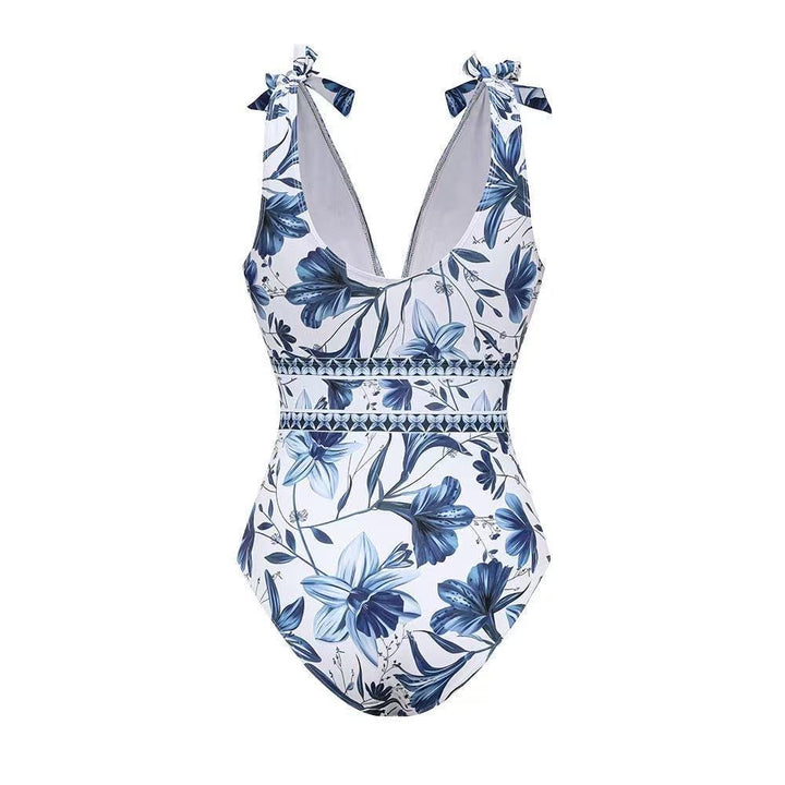 Hawai Mavi Çiçekli Yüksek Bel Monokini Seti