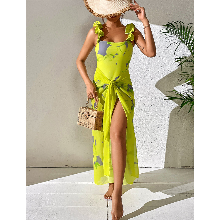 Yüksek Bel Limon Ruffle Bikini ve Şık Sarong Seti