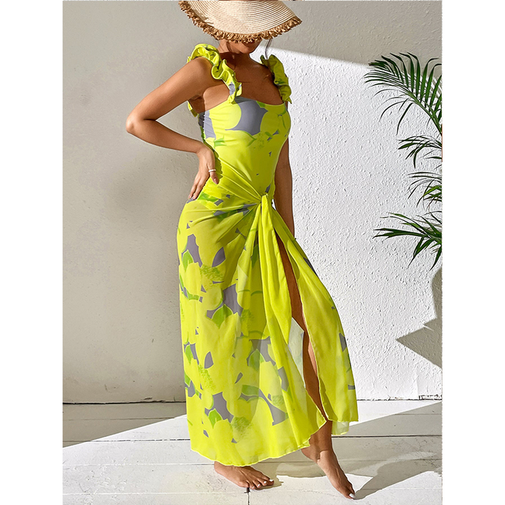 Yüksek Bel Limon Ruffle Bikini ve Şık Sarong Seti