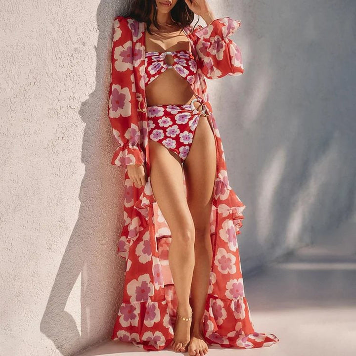 Rüzgar Çiçeği Yüksek Bel Bikini ve Şık Maxi Robe