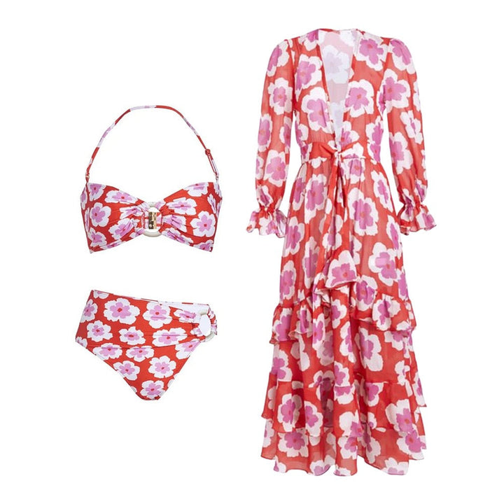 Rüzgar Çiçeği Yüksek Bel Bikini ve Şık Maxi Robe