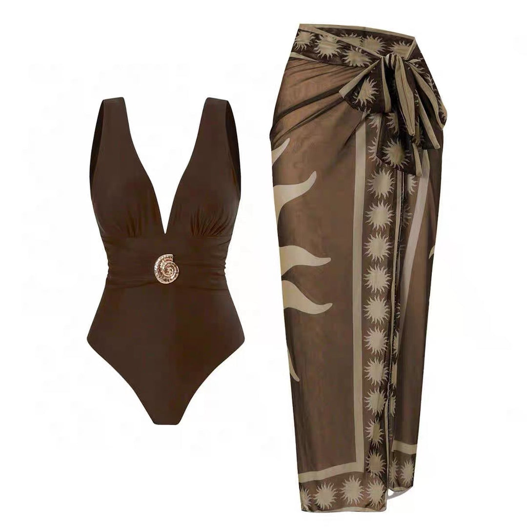 Yüksek Bel Cocoa Luxe Monokini ve Pareo Seti
