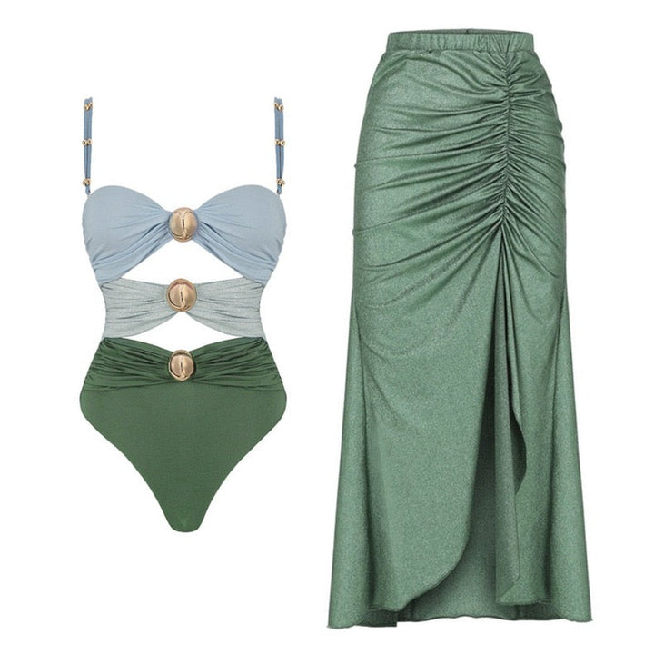 Renk Bloklu Modern Tek Parça Bikini ve Etek Seti