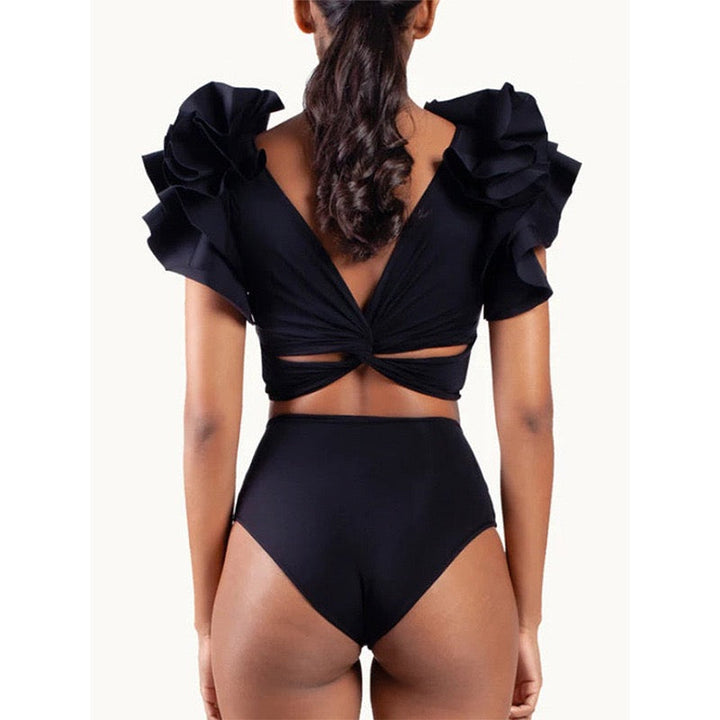 Yüksek Bel Keten Volanlı Bikini ve Pareo Seti