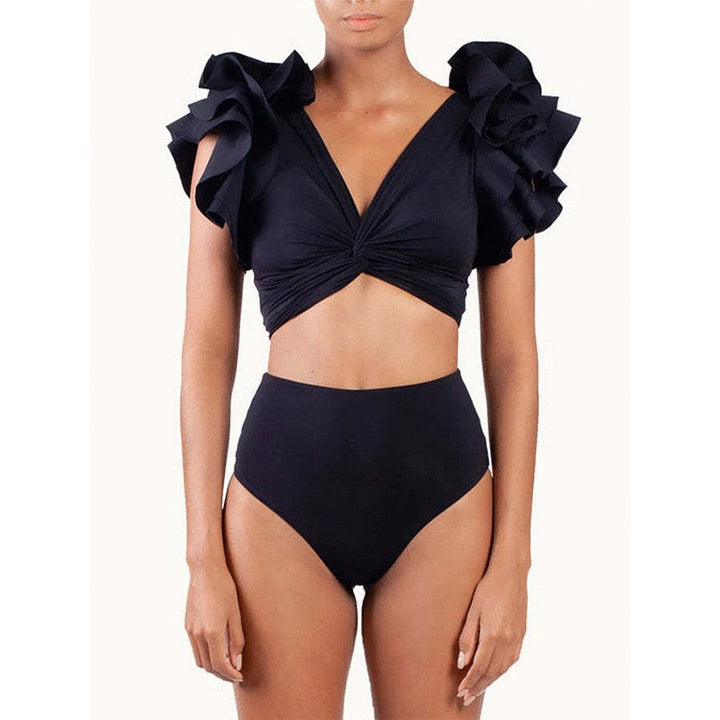Yüksek Bel Keten Volanlı Bikini ve Pareo Seti