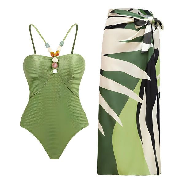 Boncuklu Yüksek Bel Bikini ve Pareo Seti