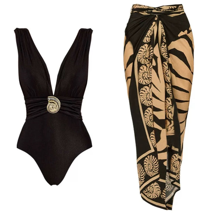 Yüksek Bel Sable Shell Monokini ve Pareo Seti