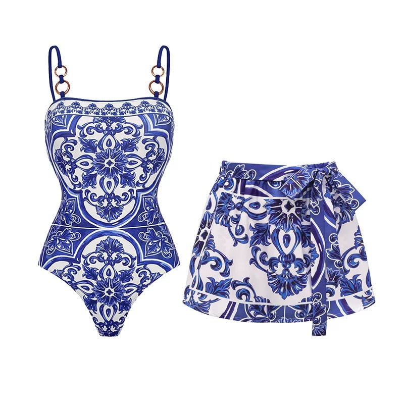 Yüksek Bel Cobalt Royale Lüks Etekli Monokini Seti