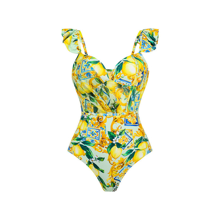 Yüksek Bel Limon Fiesta Volanlı Monokini Seti