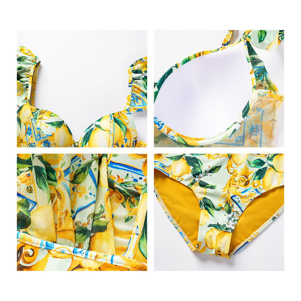 Yüksek Bel Limon Fiesta Volanlı Monokini Seti